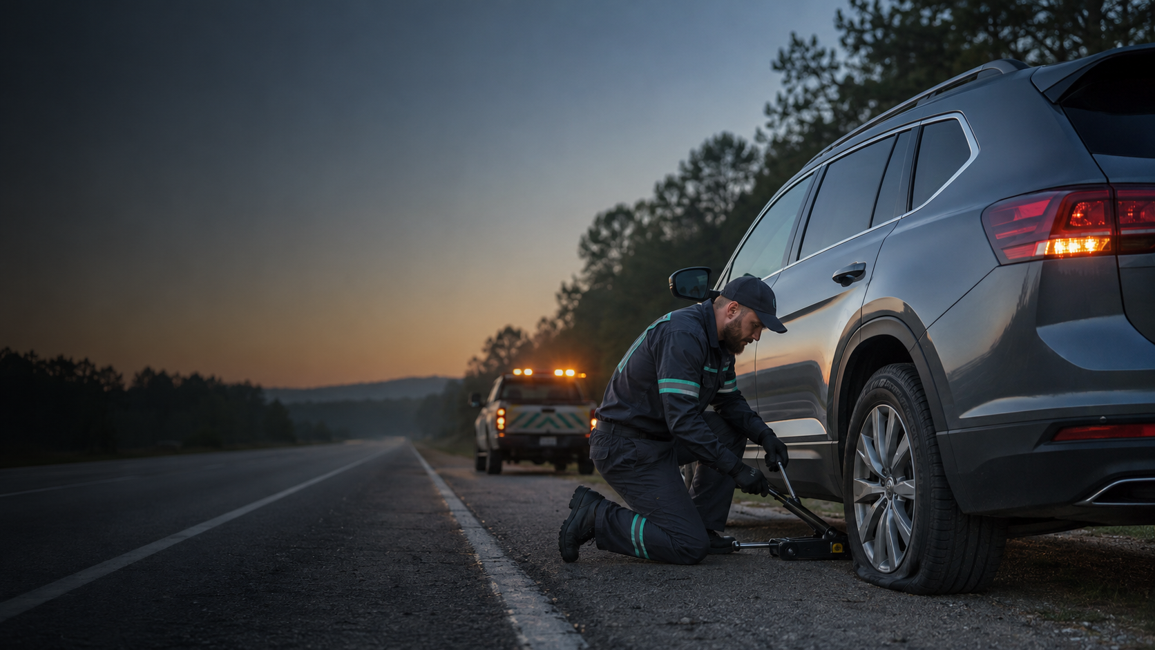 Representative image of a roadside technician helping with a flat tire