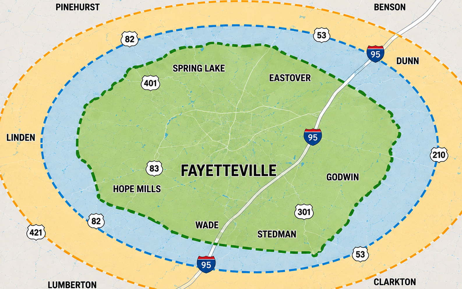 Clean service-area map showing Cumberland County as the green base area, surrounded by the blue 0–25 mile band and orange 25–50 mile band